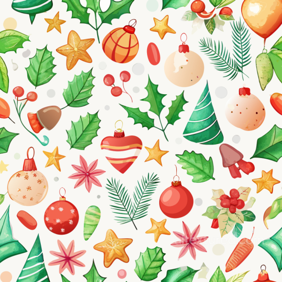 Watercolor Christmas Pattern Texture with Festive Ornaments and Foliage Watercolor Christmas texture preview