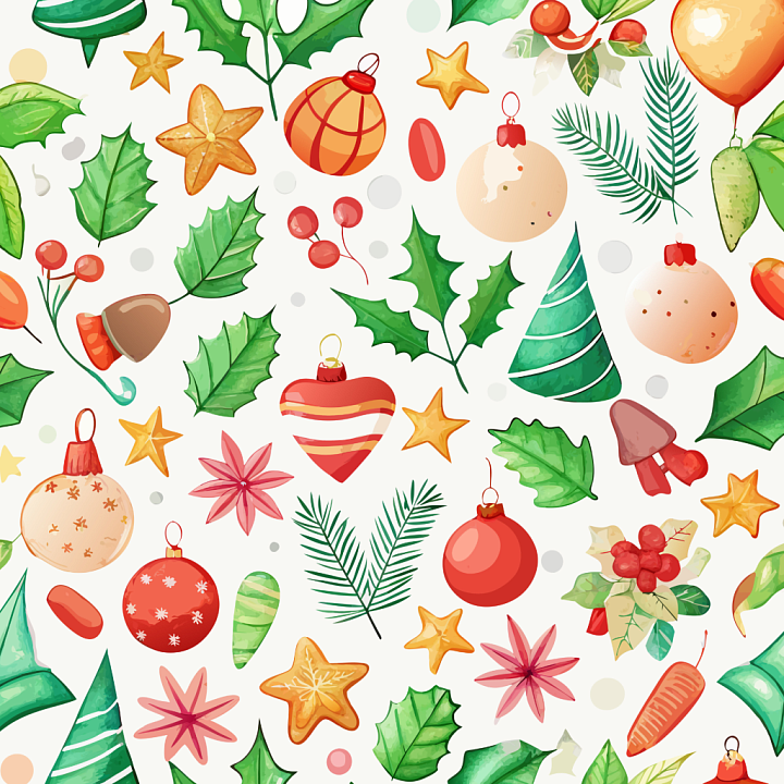 Watercolor Christmas Pattern with Festive Ornaments and Foliage seamless PBR texture preview