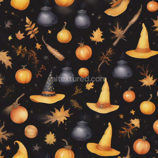 Seamless 3D PBR Fabric Texture Featuring Vintage Halloween Witch Hats and Pumpkins
