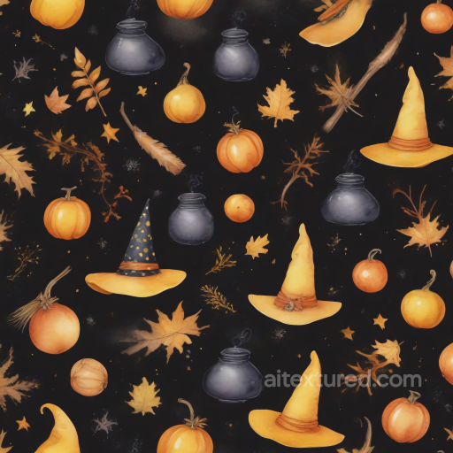 Vintage Halloween Elements Seamless Texture with Pumpkins and Witch Hats seamless Vintage Halloween PBR texture