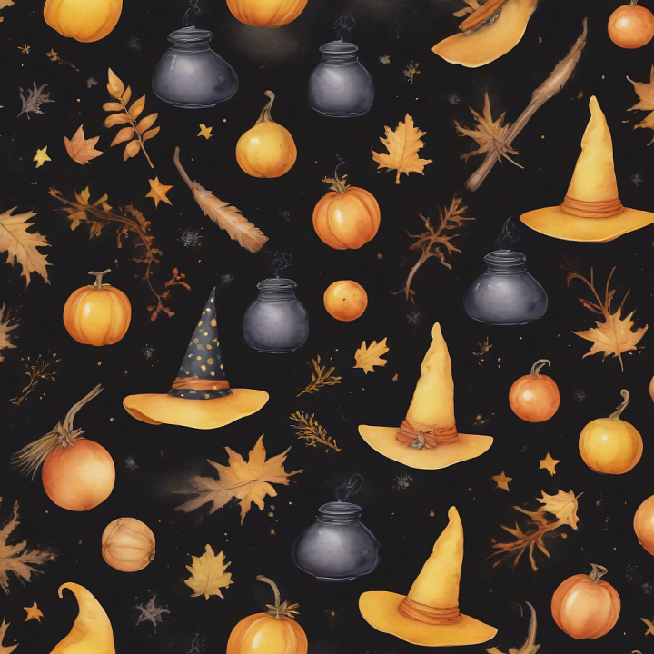 Vintage Halloween Elements with Pumpkins and Witch Hats seamless PBR texture preview