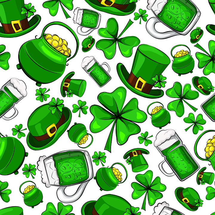 St Patrick with Green Beer, Shamrocks & Leprechaun Hats seamless PBR texture preview