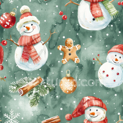 seamless Seamless 3D PBR Watercolor Christmas Texture with Snowmen, Gingerbread & Ornaments texture 8k free download PBR