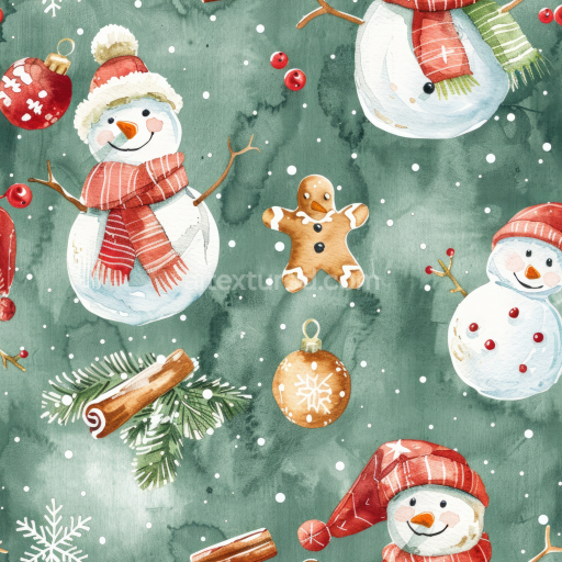 Seamless 3D PBR Watercolor Christmas Texture with Snowmen, Gingerbread & Ornaments