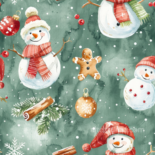 Watercolor Christmas Texture with Snowmen, Gingerbread & Ornaments seamless Watercolor Christmas PBR texture