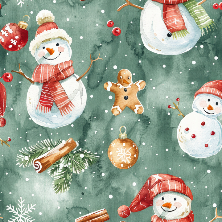 Watercolor Christmas with Snowmen, Gingerbread & Ornaments seamless PBR texture preview