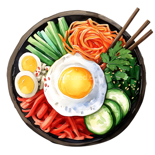 Breakfast Bibimbap PNG Graphic Featuring Sunny Side Up Egg and Fresh Vegetables