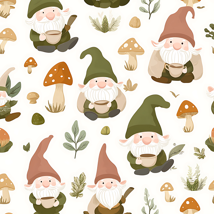 Featuring Cute Gnome and Mushroom Pattern seamless PBR texture preview