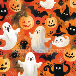 seamless Seamless 3D PBR Watercolor Halloween Fabric Texture with Ghosts and Pumpkins Pattern texture 8k free download PBR