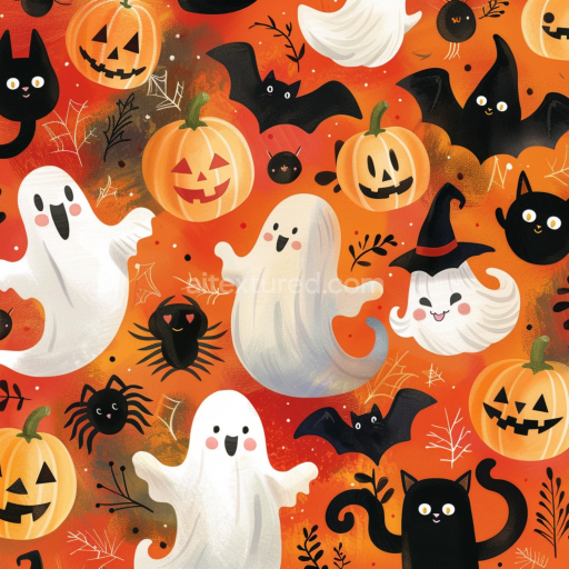 Seamless 3D PBR Watercolor Halloween Fabric Texture with Ghosts and Pumpkins Pattern