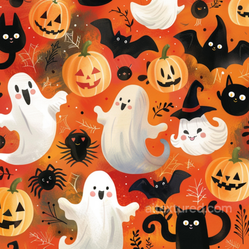 Watercolor Halloween Fabric Texture with Ghosts and Pumpkins Pattern seamless Watercolor Halloween PBR texture