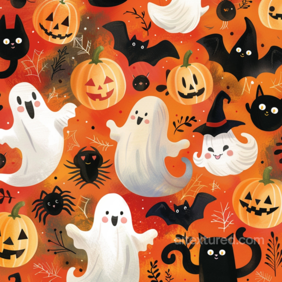 Watercolor Halloween Fabric Texture with Ghosts and Pumpkins Pattern Watercolor Halloween texture preview