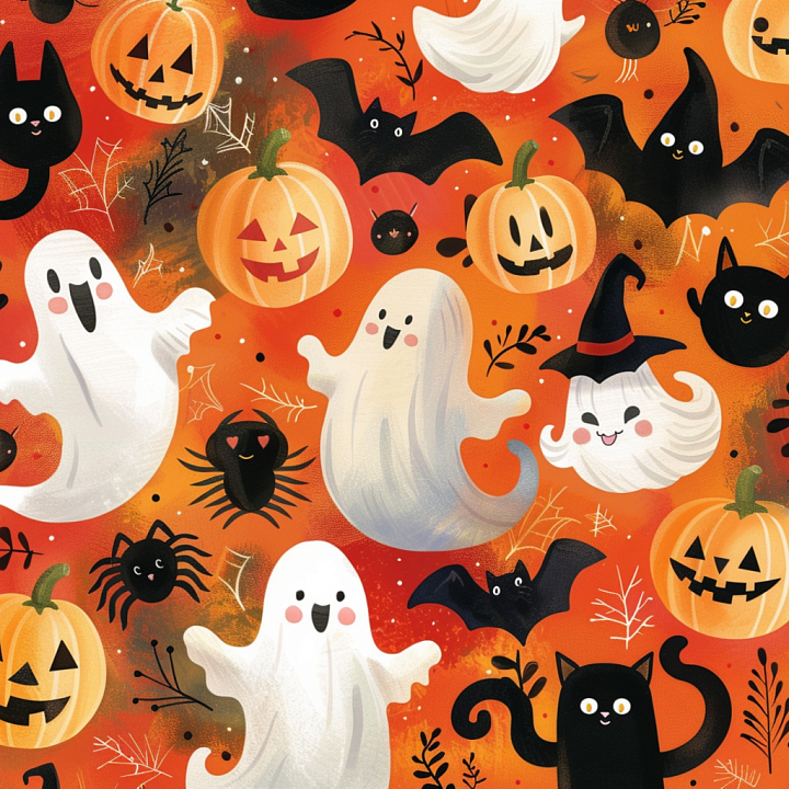 Watercolor Halloween Fabric with Ghosts and Pumpkins Pattern seamless PBR texture preview