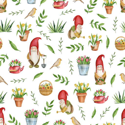 Seamless 3D PBR Texture Featuring Easter Garden Gnomes and Florals