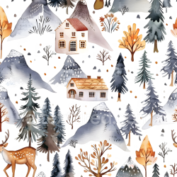 seamless Seamless 3D PBR Watercolor Christmas Pattern Texture with Winter Houses and Forest Elements texture 8k free download PBR