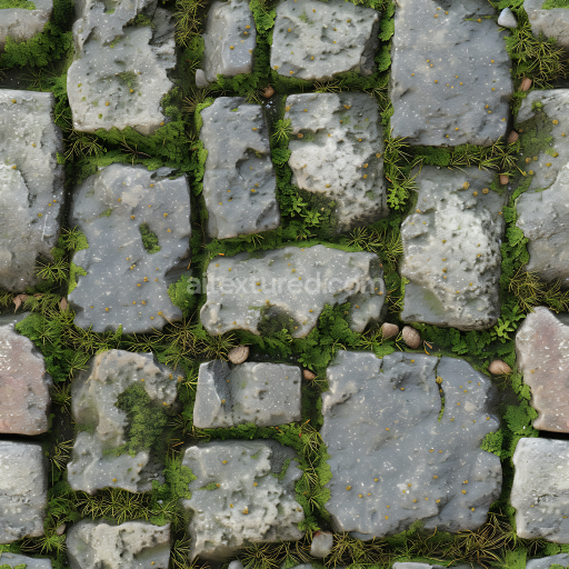 Seamless 3D Mossy Cobblestone Ground PBR Texture with Weathered Stones and Greenery