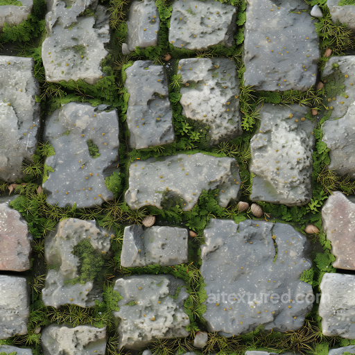 Mossy Cobblestone Ground PBR Texture with Weathered Stones and Greenery seamless Stone PBR texture
