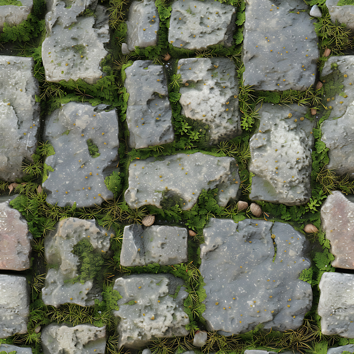 Mossy Cobblestone Ground with Weathered Stones and Greenery seamless PBR texture preview