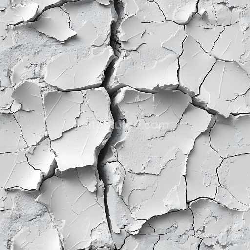 Seamless 3D cracked plaster PBR texture with peeling white paint