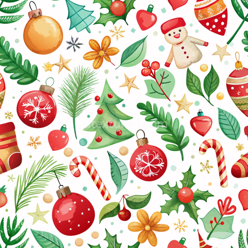Seamless 3D PBR Watercolor Christmas Texture with Festive Ornaments and Greenery