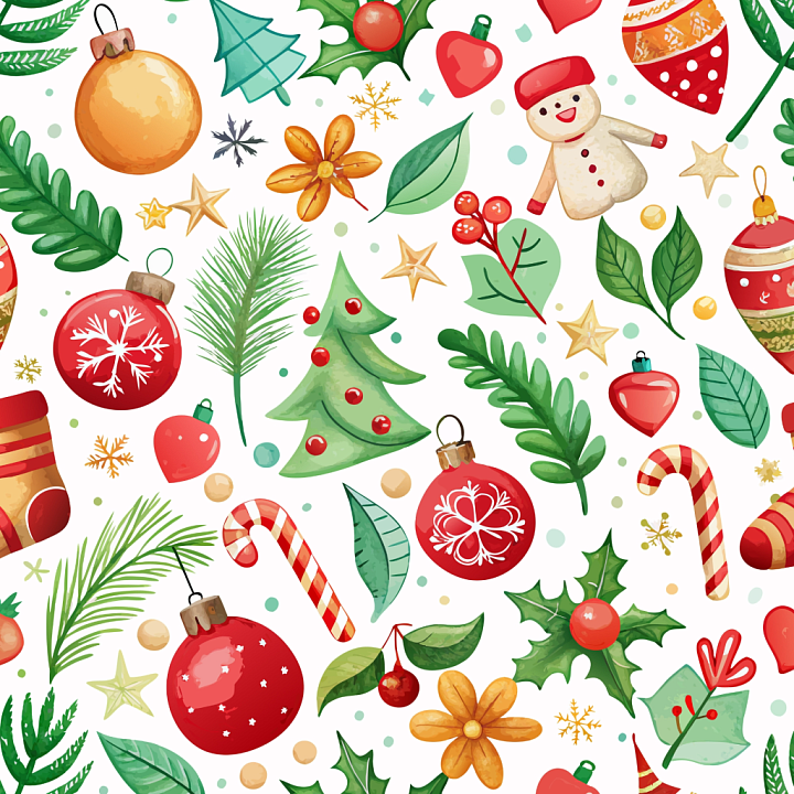 Watercolor Christmas with Festive Ornaments and Greenery seamless PBR texture preview