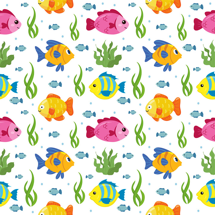 Pattern Featuring Colorful Cartoon Fish and Seaweed Motifs seamless PBR texture preview