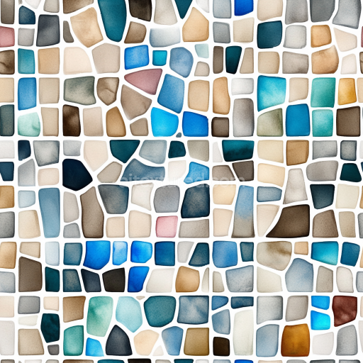 Seamless 3D Mosaic PBR Texture Featuring Hand-Painted Watercolor Tiles in Blue and Earth… texture preview