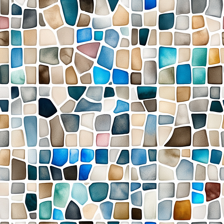 Mosaic Featuring Hand-Painted Watercolor Tiles in Blue and Earth Tones seamless PBR texture preview