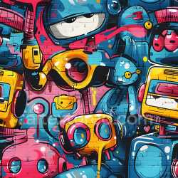 seamless Seamless 3D PBR Graffiti Texture Featuring Vibrant Robot Characters and Urban Brick Wall Detail texture 8k free download PBR