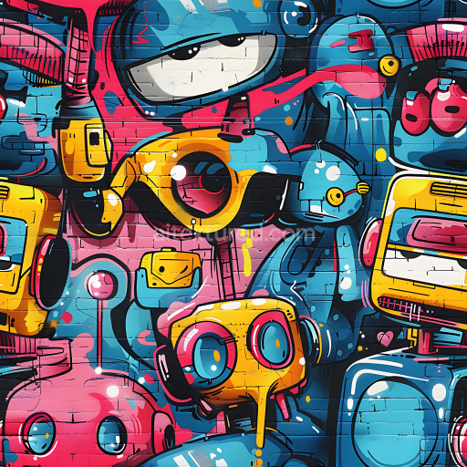 Seamless 3D PBR Graffiti Texture Featuring Vibrant Robot Characters and Urban Brick Wall Detail