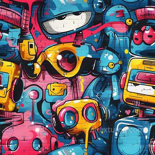 Seamless 3D PBR Graffiti Texture Featuring Vibrant Robot Characters and Urban Brick Wall… texture preview