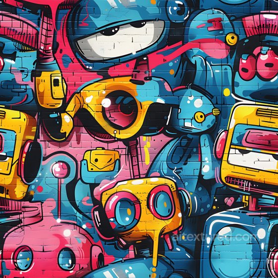 Graffiti Texture Featuring Vibrant Robot Characters and Urban Brick Wall Detail Graffiti texture preview