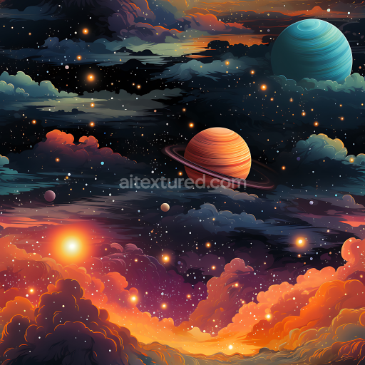 Seamless 3D Space PBR Texture Featuring Vibrant Cosmic Nebula and Ringed Planets