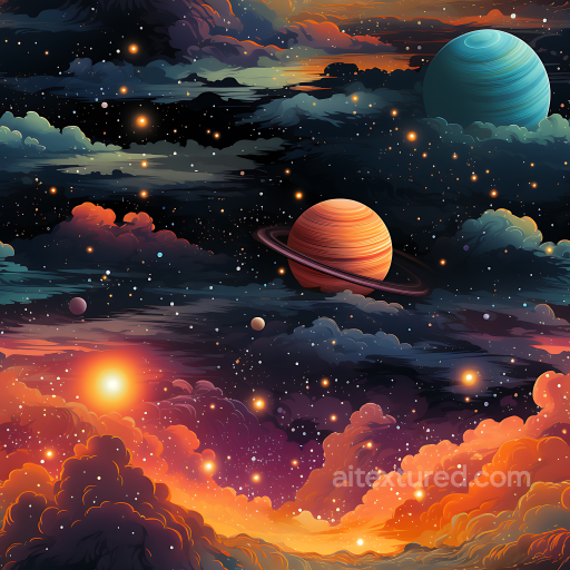 Space PBR Texture Featuring Vibrant Cosmic Nebula and Ringed Planets seamless Star, space, planets PBR texture
