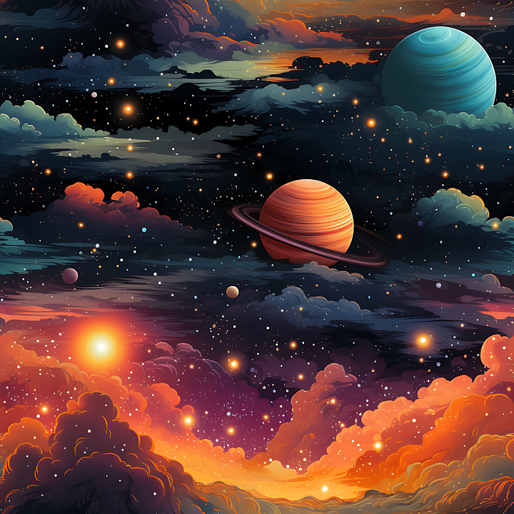 Space Featuring Vibrant Cosmic Nebula and Ringed Planets seamless PBR texture preview