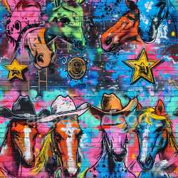 seamless Seamless 3D PBR Graffiti Texture Featuring Vibrant Cowboy Horse Artwork on Brick texture 8k free download PBR