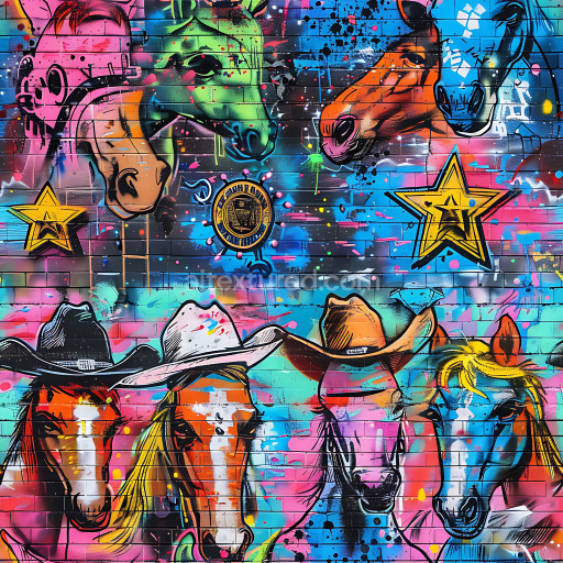 Seamless 3D PBR Graffiti Texture Featuring Vibrant Cowboy Horse Artwork on Brick