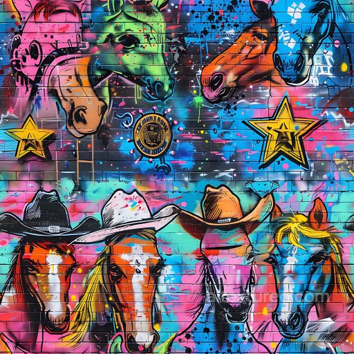 Seamless 3D PBR Graffiti Texture Featuring Vibrant Cowboy Horse Artwork on Brick texture preview