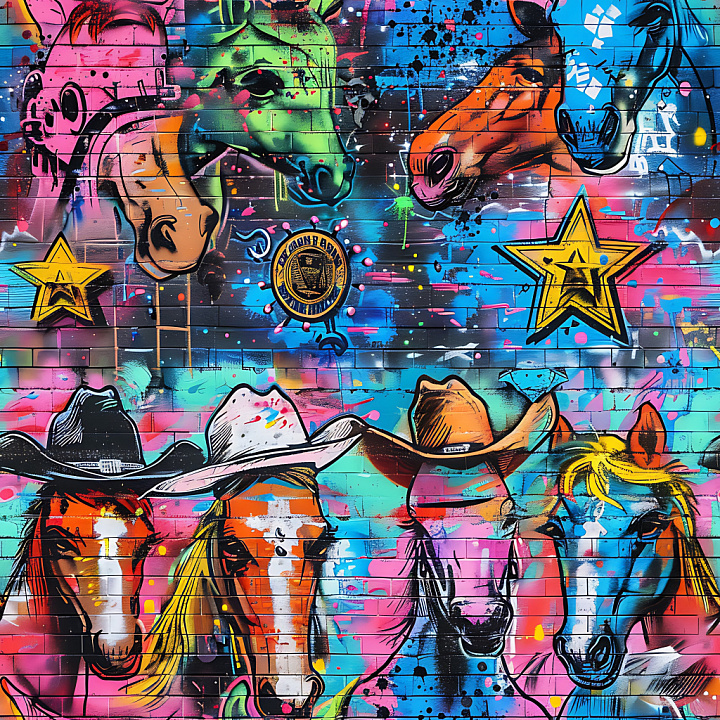 Graffiti Featuring Vibrant Cowboy Horse Artwork on Brick seamless PBR texture preview
