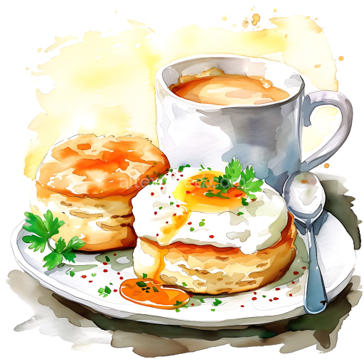 Breakfast Biscuits with Fried Egg and Coffee in Watercolor Style