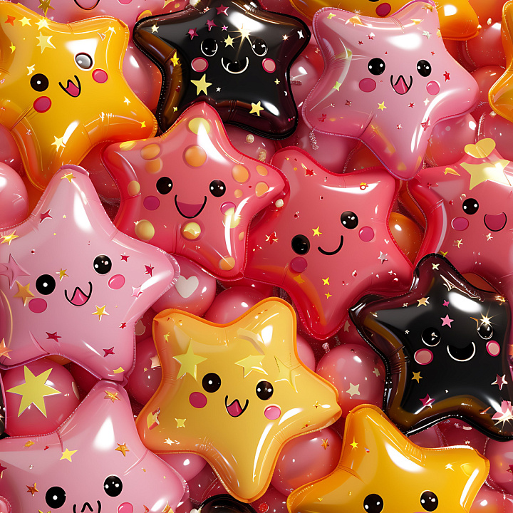 Inflated Star-Shaped Vinyl in Bright Colors with Cute Faces seamless PBR texture preview