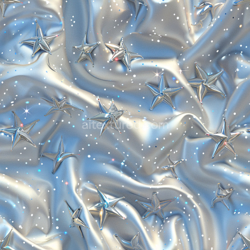 Seamless 3D PBR Glossy Blue-Silver Fabric Texture with Star Embellishments