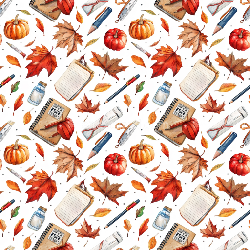 Seamless 3D PBR texture of hand-drawn autumn leaves and stationery