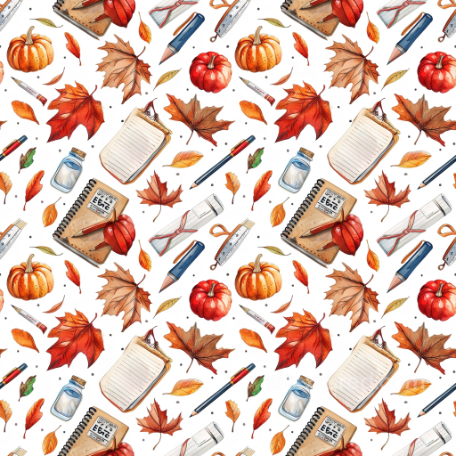 Of Hand-Drawn Autumn Leaves And Stationery seamless Thanksgiving PBR texture