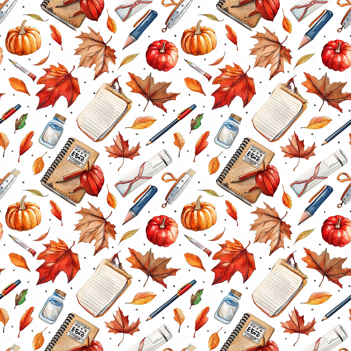 Of Hand-Drawn Autumn Leaves And Stationery seamless PBR texture preview