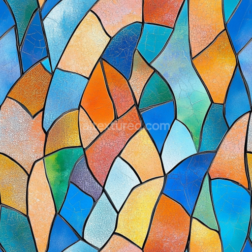 Seamless 3D Mosaic PBR Texture Featuring Irregular Blue and Orange Ceramic Tiles with Mat… texture preview