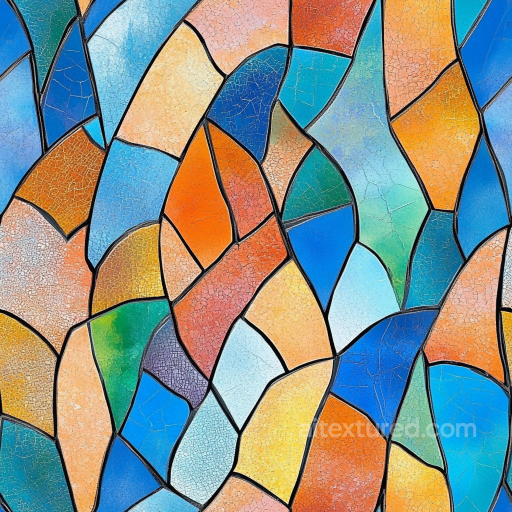 Mosaic PBR Texture Featuring Irregular Blue and Orange Ceramic Tiles with Matte Finish seamless Mosaic PBR texture