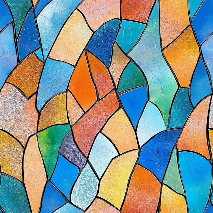 Mosaic Featuring Irregular Blue and Orange Ceramic Tiles with Matte Fin… seamless PBR texture preview