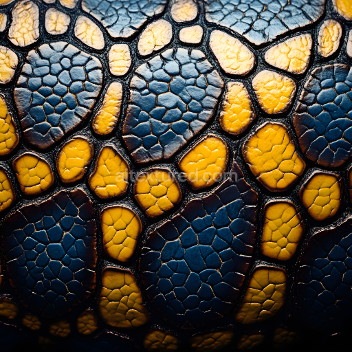 Seamless 3D PBR reptilian cracked skin texture with high detail and vibrant blue-yellow tones