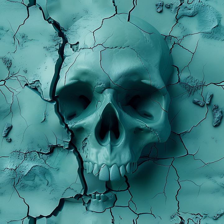 Cracked Plaster Featuring Detailed Skulls and Fractured Surface seamless PBR texture preview